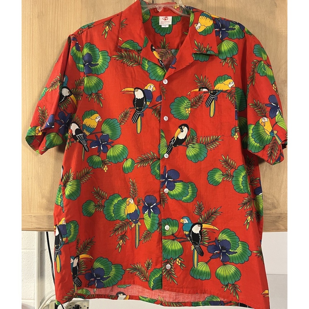 Vtg Scorpio Toucan‎ Parrot Hawaiian Shirt USA 100% Cotton Men's XL Red
